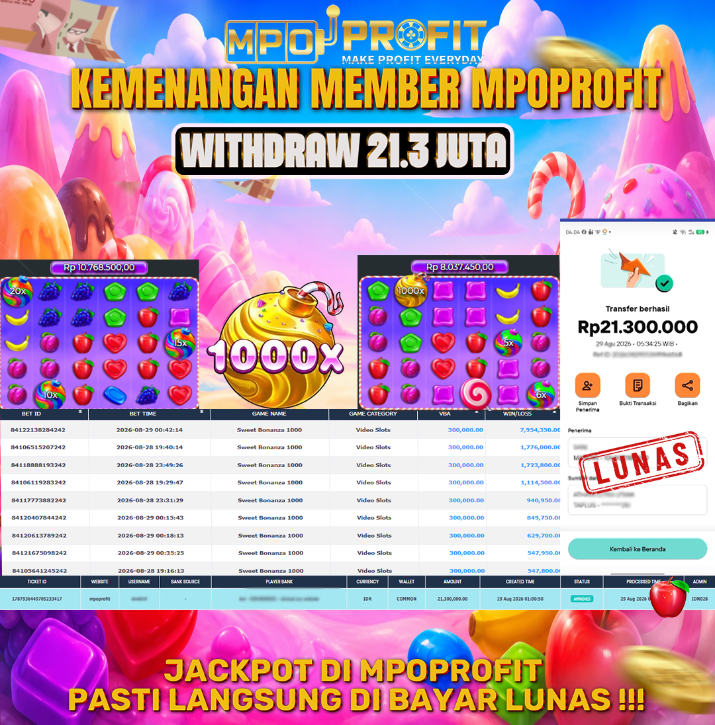 MPOPROFIT JACKPOT PRAGMATIC! KEMENANGAN MURNI DI (SWEET BONANZA 1000 TOTAL 21.300.000,- LUNAS)